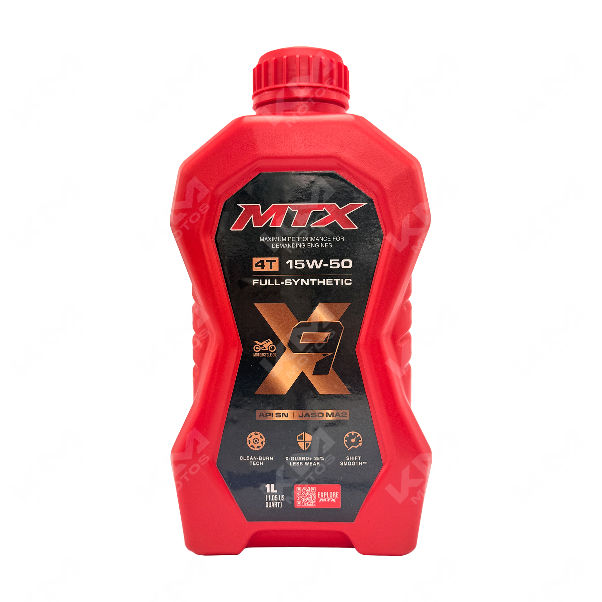 Aceite sintético 15W50 MTX en envase con etiqueta y tapa, ideal para motores de alto rendimiento.