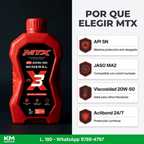 Aceite MTX 20W-50 Mineral — características: API SN, JASO MA2, viscosidad para clima Honduras, tecnología Actibond