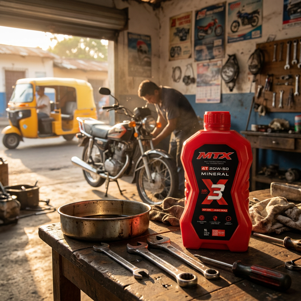 Aceite MTX 20W-50 Mineral en taller de motos en Honduras junto a herramientas mecánicas