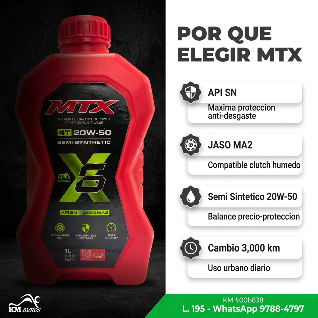 Aceite MTX 20W-50 Semi Sintético — características: API SN, JASO MA2, cambio 3,000 km
