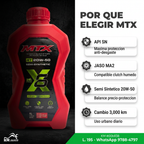 Aceite MTX 20W-50 Semi Sintético — características: API SN, JASO MA2, cambio 3,000 km
