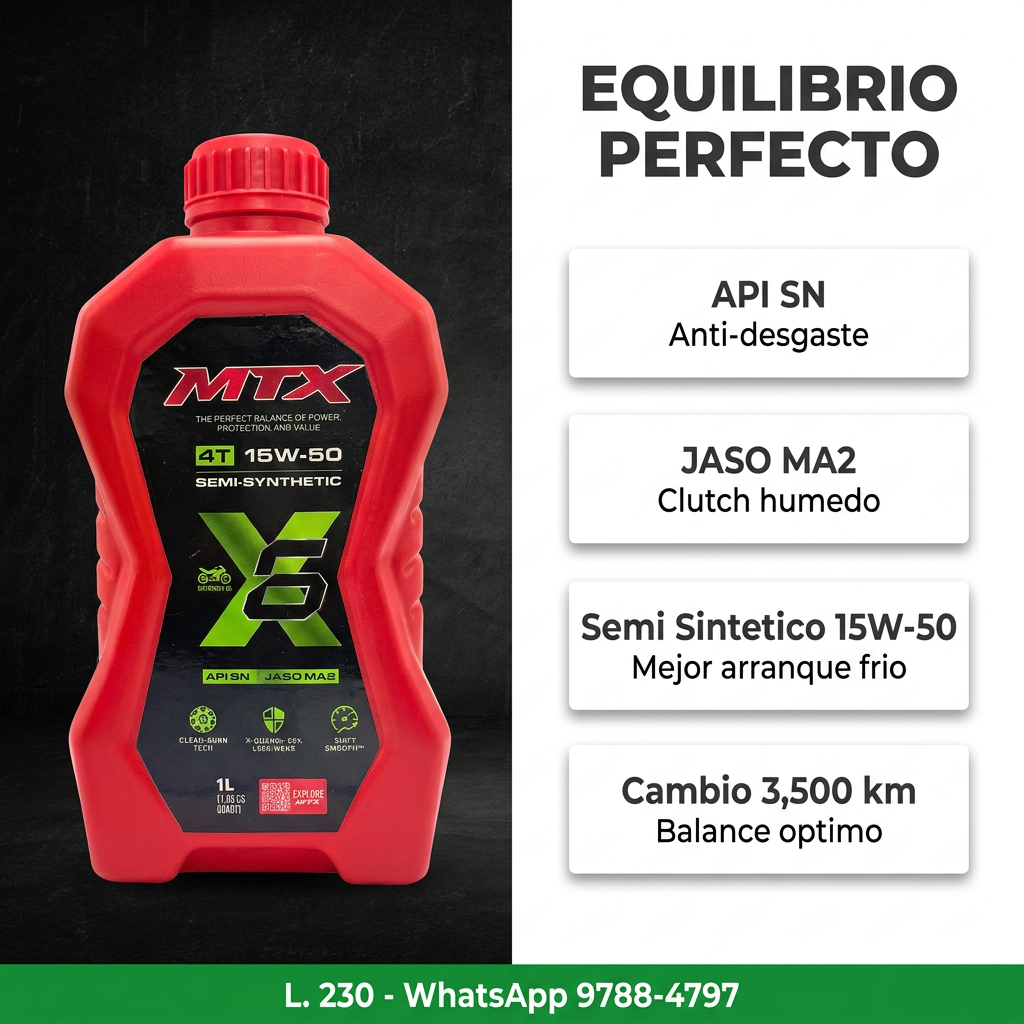 Aceite MTX 15W-50 Semi Sintético — equilibrio perfecto entre arranque y protección