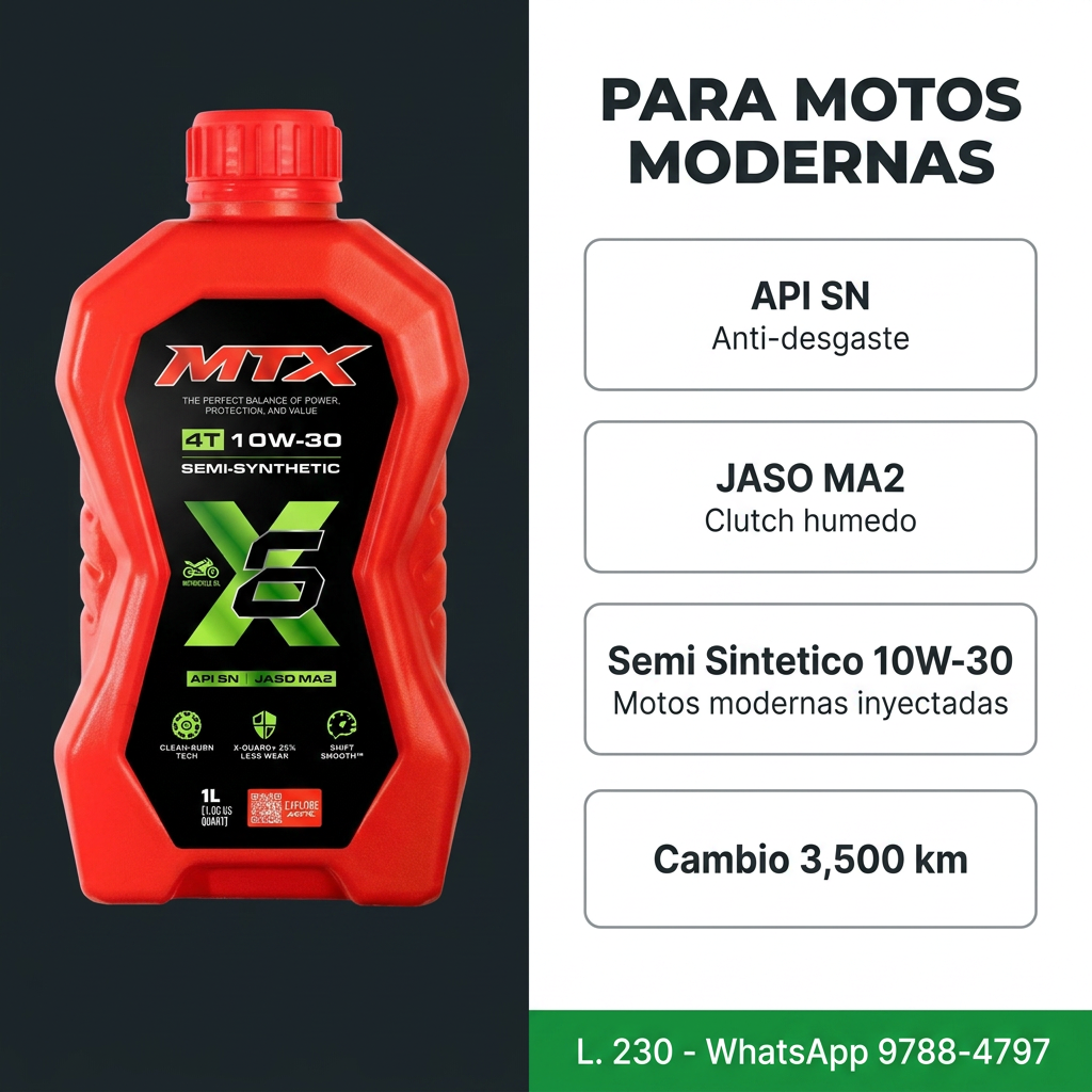 Aceite MTX 10W-30 Semi Sintético para motos modernas inyectadas API SN JASO MA2