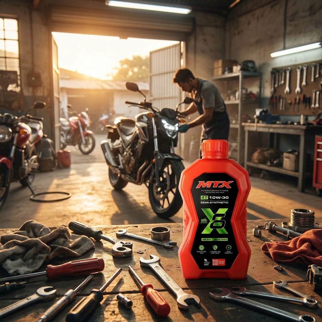 Aceite MTX 10W-30 Semi Sintético en taller con moto moderna