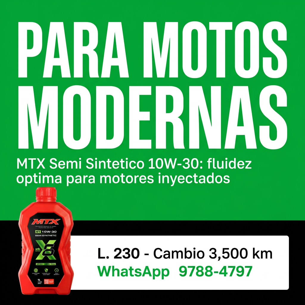 Aceite MTX 10W-30 Semi Sintético L. 230 — fluidez óptima para motos inyectadas