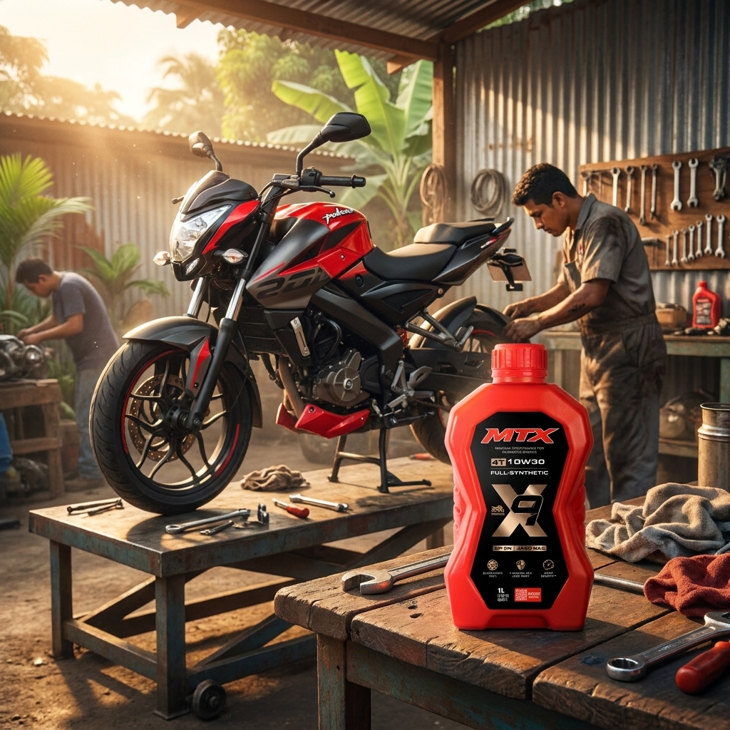 Aceite MTX 10W-30 Full Sintético en taller con moto sport